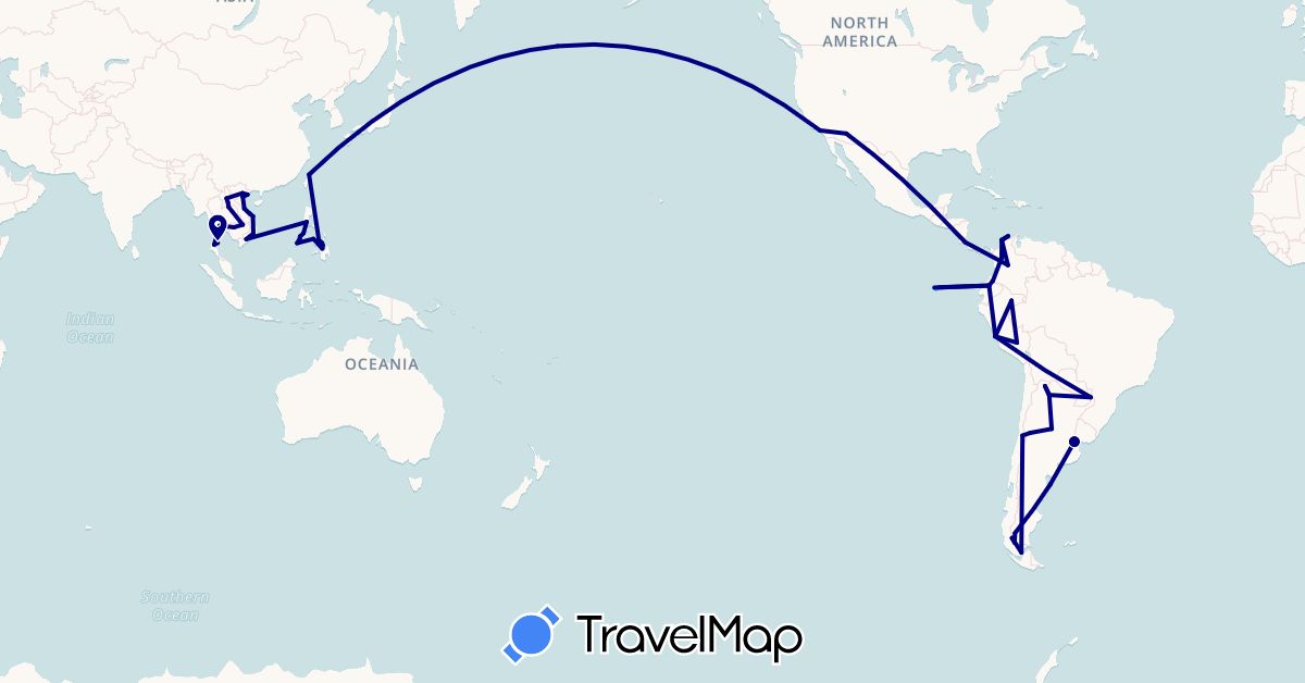 TravelMap itinerary: driving, boat in Argentina, Chile, Colombia, Costa Rica, Ecuador, Cambodia, Laos, Peru, Philippines, Thailand, Taiwan, United States, Vietnam (Asia, North America, South America)